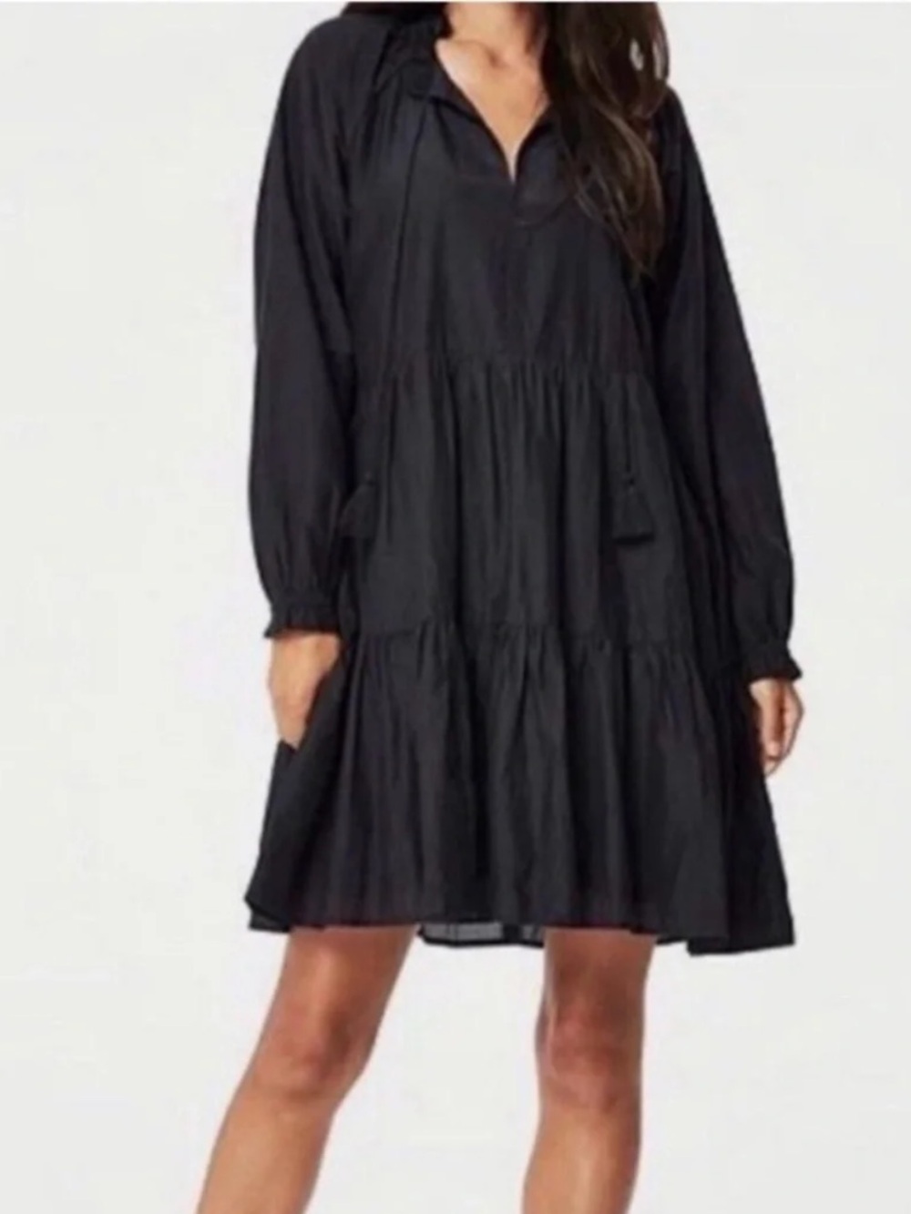 Roller Rabbit | Women's Black Long Sleeve Tiered Dress Tassels | Silk Blend | M